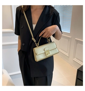 Detail of the champagne gold crossbody bag featuring a matte finish and metallic lock