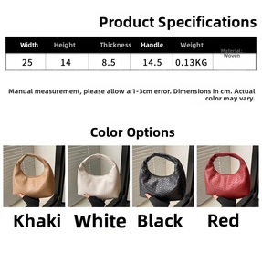 Detailed size chart and specifications for the woven vegan leather hobo shoulder bag
