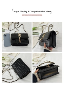 Detailed views of a black quilted crossbody bag with gold logo tassel and chain strap