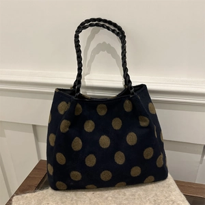 Women's Plush Polka Dot Tote Bag Retro Large Capacity Braided Handle Casual Shoulder Bag For Daily Commuting Handbag