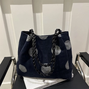 Women Large Capacity Woolen Polka Dot Tote Bag Vintage Minimalist Shoulder Bag With Braided Handle Casual Underarm Bag
