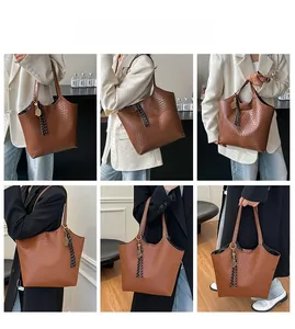 Multi-angle view of a large brown woven tote bag with fringe tassel for daily commute