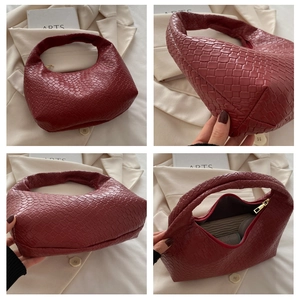 Detailed four-angle view of wine red woven tote bag showing interior space and craftsmanship