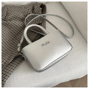 Detailed close-up of a silver metallic handbags with a fixed handle and metal logo plate