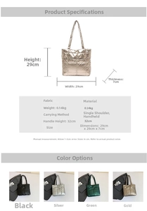 Detailed dimension guide and color options for quilted metallic tote shoulder bag