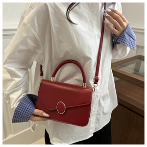 Detail der roten Vintage Handtasche mit goldener Schnalle und verstellbarem Riemen