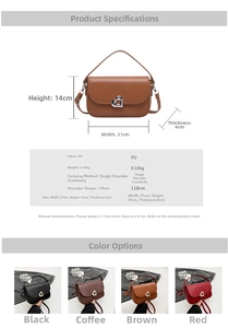 Detail view of stylish faux leather shoulder bag with heart-shaped metal buckle and dimensions