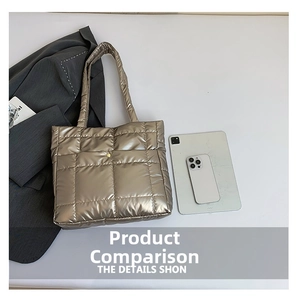 Detailed comparison of quilted metallic tote bag size with iPad and smartphone