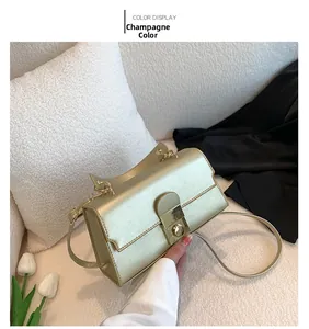 Elegant champagne gold handbag with metallic finish and square gold clasp closure detail