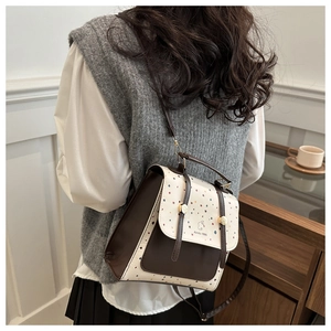 Detail view of two-tone backpack with colorful dotted flap and Aimity 1986 logo