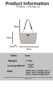 Detailed dimensions of the nylon tote bag showing its size 40x24x10cm and 0.26kg weight