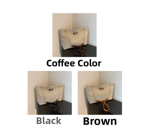Three-color collage of canvas tote bags with chain straps and deer charm details