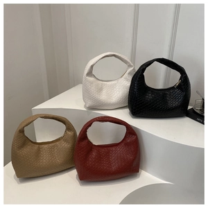 Detailed comparison of four woven leather handbags in white, black, khaki, and burgundy