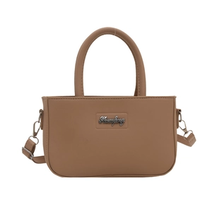 Minimalist brown faux leather handbag with silver logo and adjustable crossbody strap