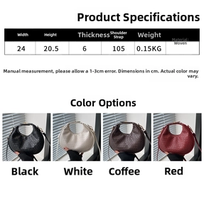Detailed size chart and dimensions for the woven crescent crossbody handbag in four colors