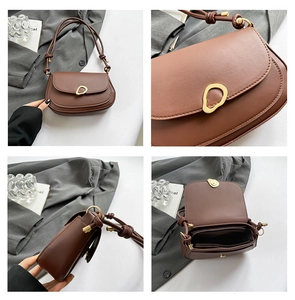 Detail view of coffee PU leather saddle bag with unique gold buckle and interior layout