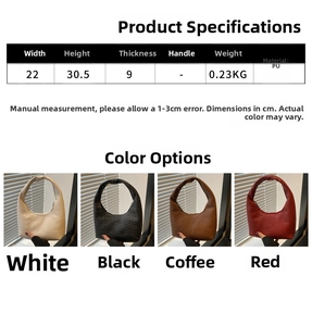 Detailed dimension chart and color options for woven PU leather shoulder bag with size specs