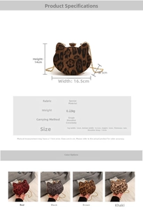 Detailed size chart and multi-color options for leopard print cat-ear crossbody bag