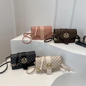 Women Monogram Letter M Print Shoulder Bag PU Leather Crossbody Bag Gold Buckle Fashion Elegant Small Square Handbag