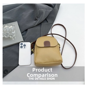 Detail view of yellow crossbody mini bag with textured leather and white contrast stitching