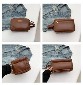 Vues détaillées de la trousse de toilette en cuir PU marron avec fermetures éclair dorées