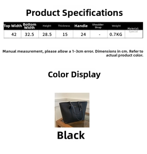 Size chart detail for black tote bag showing dimensions and capacity for daily commute