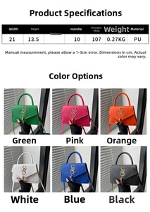 Size chart and color display for leather crossbody bag with tassel and metal logo