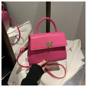 Detail der rosaroten Handtasche mit goldenem Metallschloss und rundem Tragegriff