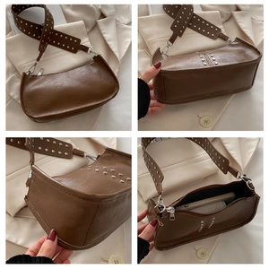 Vues détaillées du sac marron à rivets montrant la texture cuir et les clous argentés