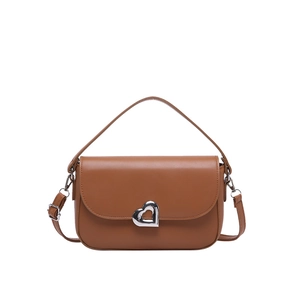 Brown PU leather shoulder bag with silver heart-shaped buckle and adjustable strap
