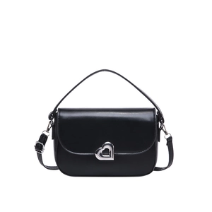 Classic black leather saddle handbag with silver heart buckle and adjustable shoulder strap