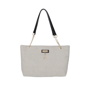 Minimalist light grey canvas tote bag with black handles and a gold deer charm