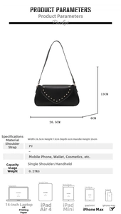 Detailed size specifications of the black rivet shoulder bag in centimeters and grams