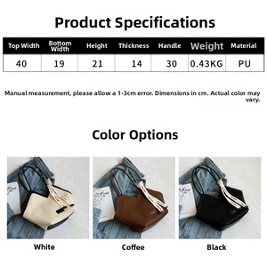 Size chart and dimensions for large PU leather tote bag in white, brown and black