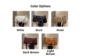 Detail showing five colors of retro PU shoulder bags with rivets and V-flap design
