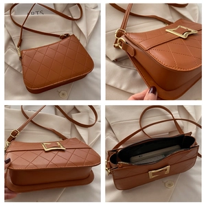Detailed views of brown quilted handbag with golden buckle and sleek leather shoulder strap