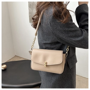 Detail of beige leather crossbody bag with gold chain strap and square metal buckle