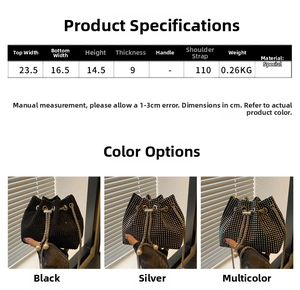 Größentabelle für Eimertasche mit Breite, Höhe, Gurtlänge und 0,26 kg Gewichtsangabe