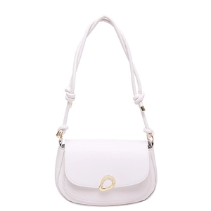 Minimalist white saddle bag with irregular gold metal buckle and knotted shoulder strap