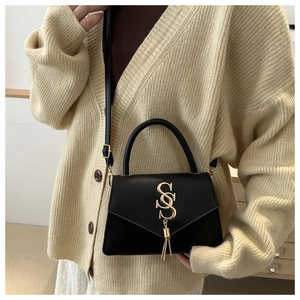 Detailed macro of golden S-shaped buckle and metallic tassel on black leather handbag