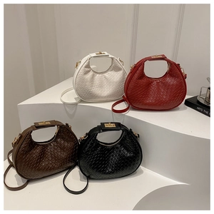 Collection of woven hobo bags in white, burgundy, brown, and black with gold hardware
