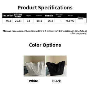 Size chart showing large canvas tote bag dimensions and black and white color options