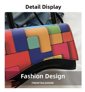Close-up of textured crossgrain leather with colorful geometric patchwork and curved base