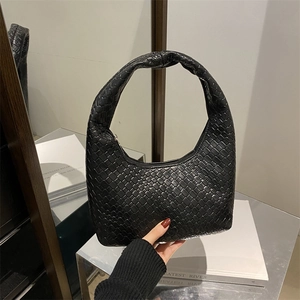 Minimalist black woven hobo tote bag with knotted handle and large capacity