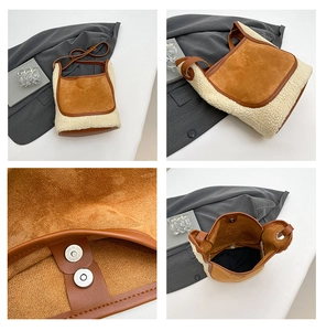 Détail du sac seau bicolore en sherpa avec fermoir magnétique et doublure douce