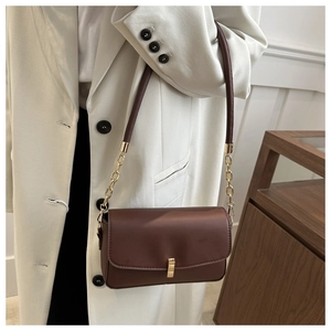 Detail of a brown leather shoulder bag with a gold rectangular buckle and chain strap