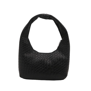 Minimalist black woven hobo shoulder bag with textured faux leather checkered pattern