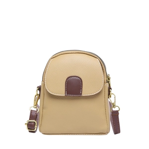Mini crossbody bag in khaki lychee leather with dark brown contrast and gold hardware