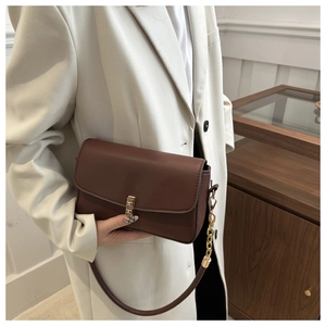 Detail of minimalist dark brown leather bag featuring a gold buckle and chain strap