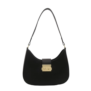 Classic black leather hobo shoulder bag with a sleek gold square buckle on white background